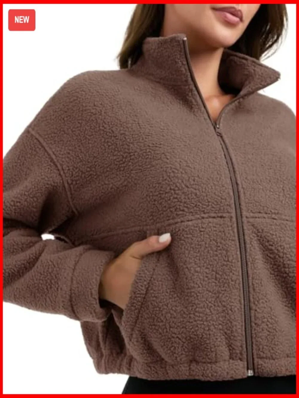 Women Fleece Sherpa Zip Up Cropped Jacket Full Zip Stand Collar Trendy Cozy - Picture 5 of 7